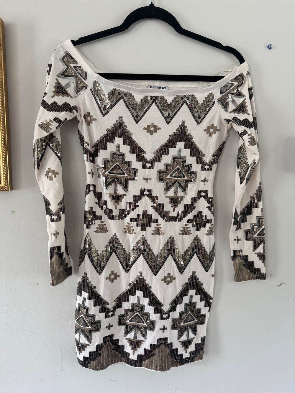 Express White Long Sleeve Sequin Embellished Bodycon Dress